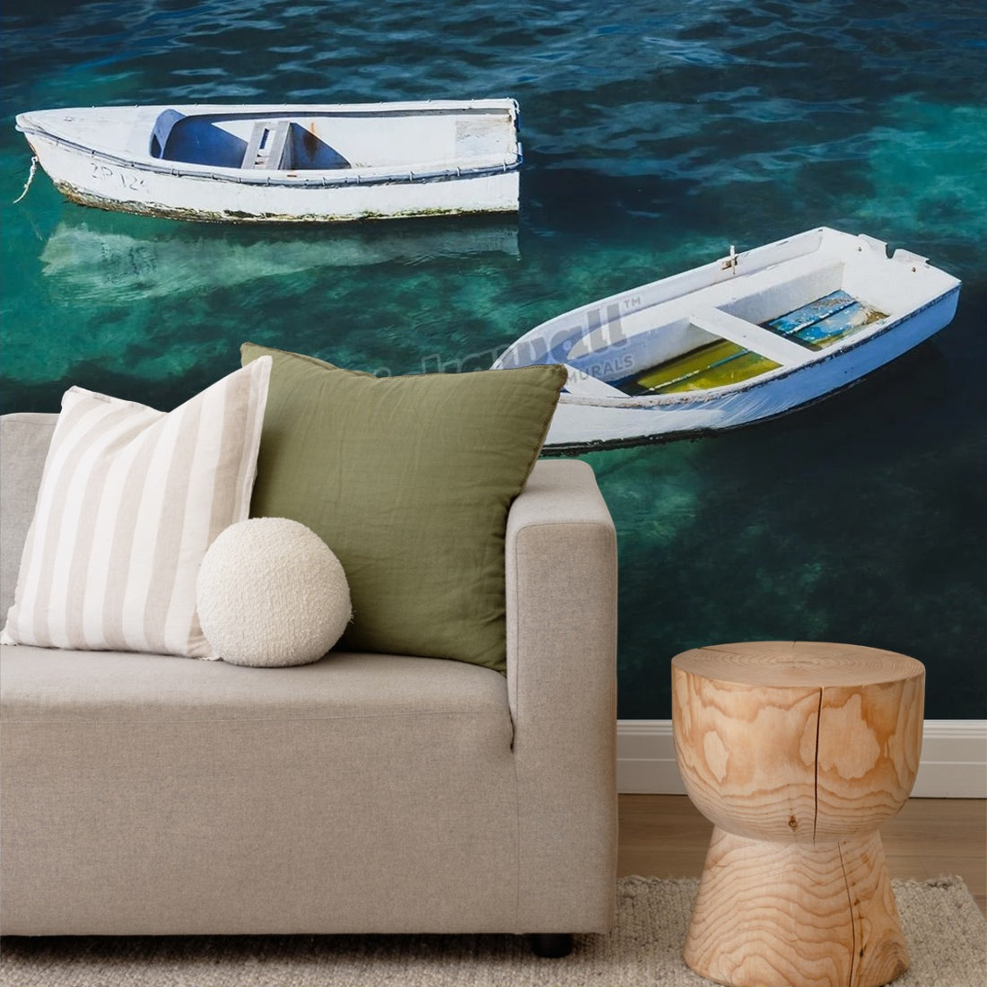 Row Boats Pair, Flinders wallpaper in a living room - Pickawall