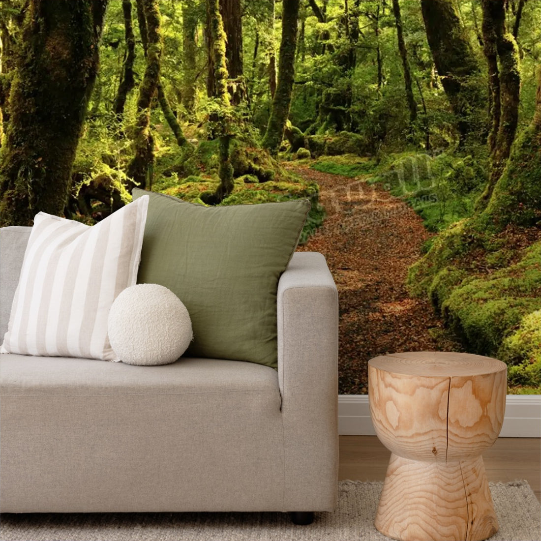 Forest Path Green wallpaper in a living room - Pickawall
