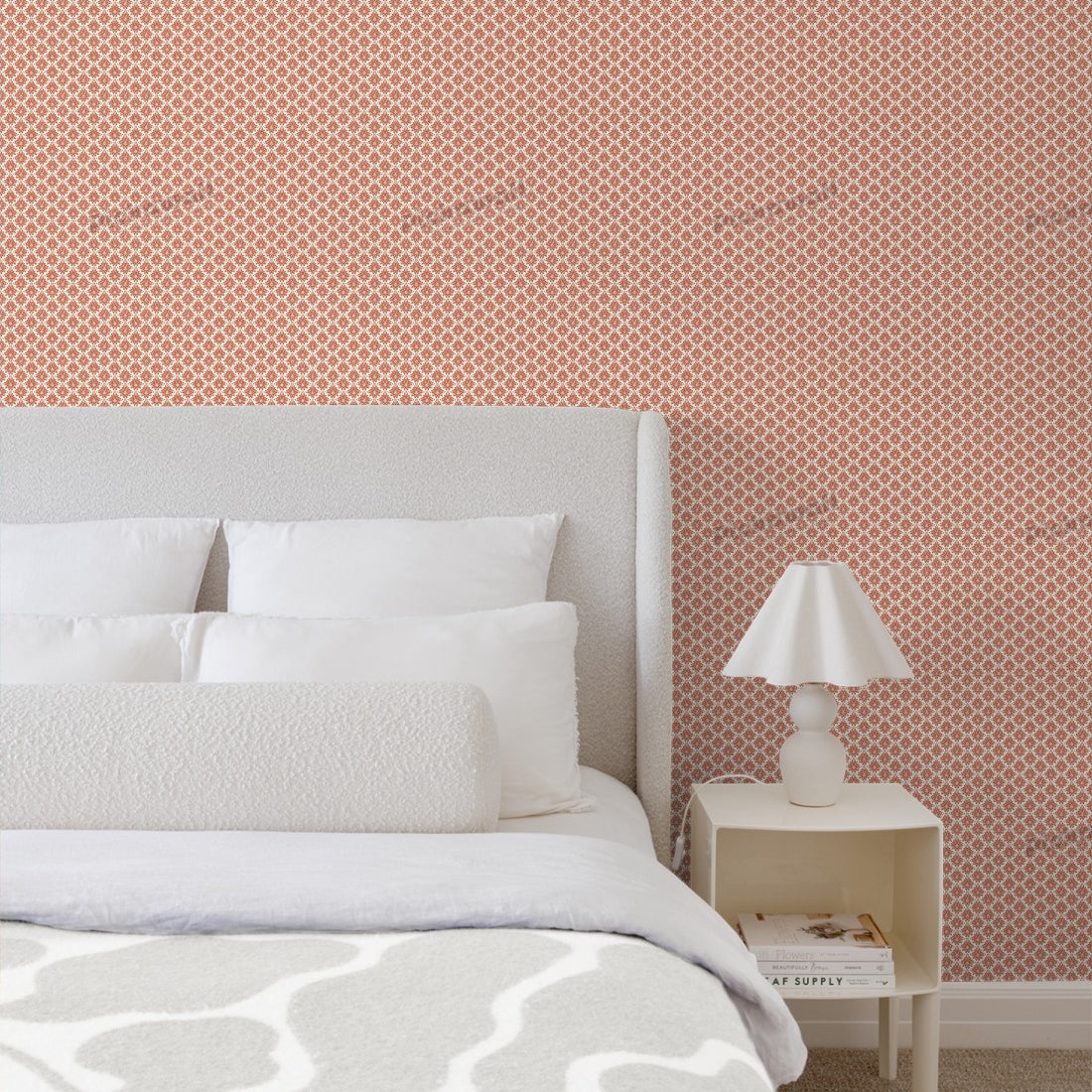 Damask Burnt Orange LLB Pattern wallpaper in a bedroom - Pickawall