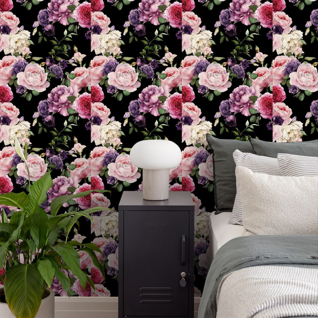 Botanical Pink Purple Floral Pattern wallpaper in a bedroom - Pickawall
