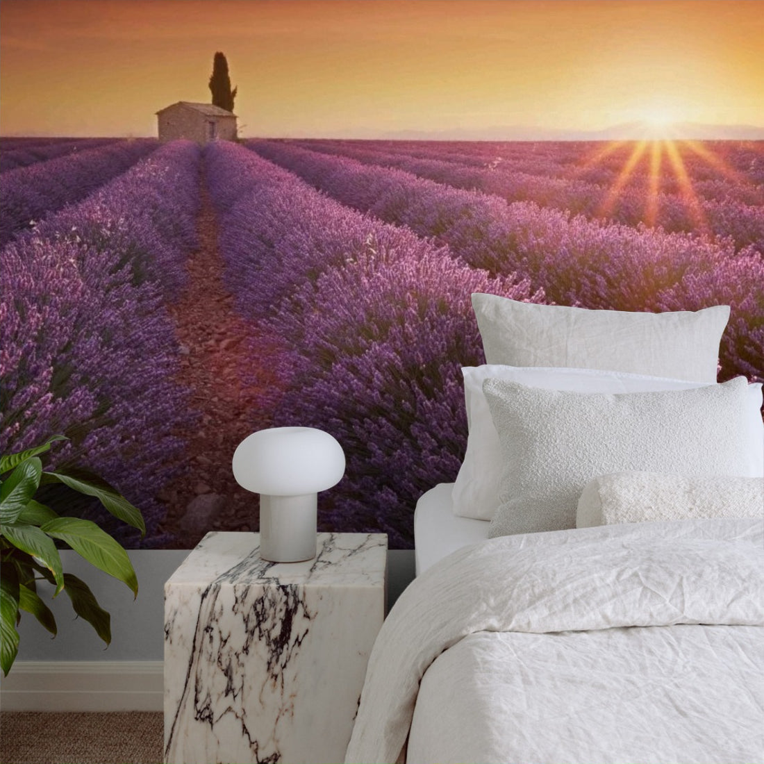 Sunset in the Lavender Fields wallpaper in a bedroom - Pickawall