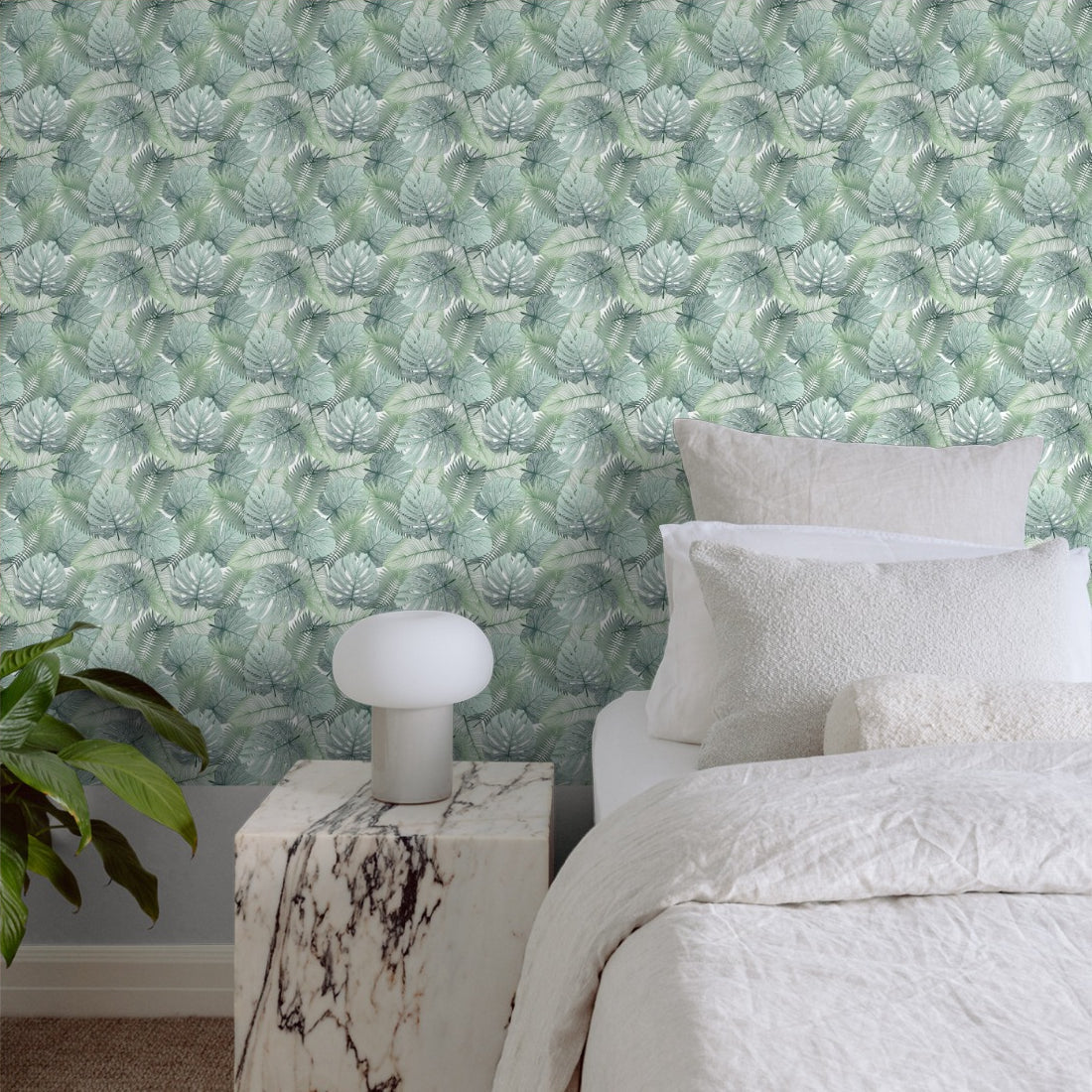 tropical leaf palm pattern wallpaper in a bedroom - Pickawall