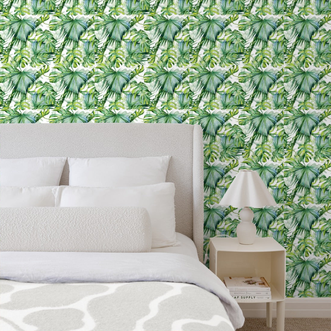watercolour illustration of tropical leaves wallpaper in a bedroom - Pickawall