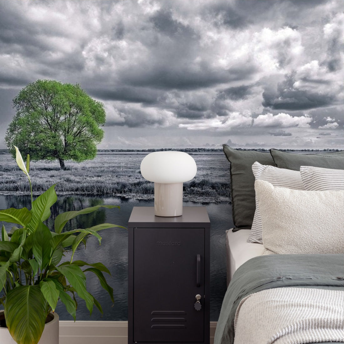 Black and white landscape and green tree wallpaper in a bedroom - Pickawall
