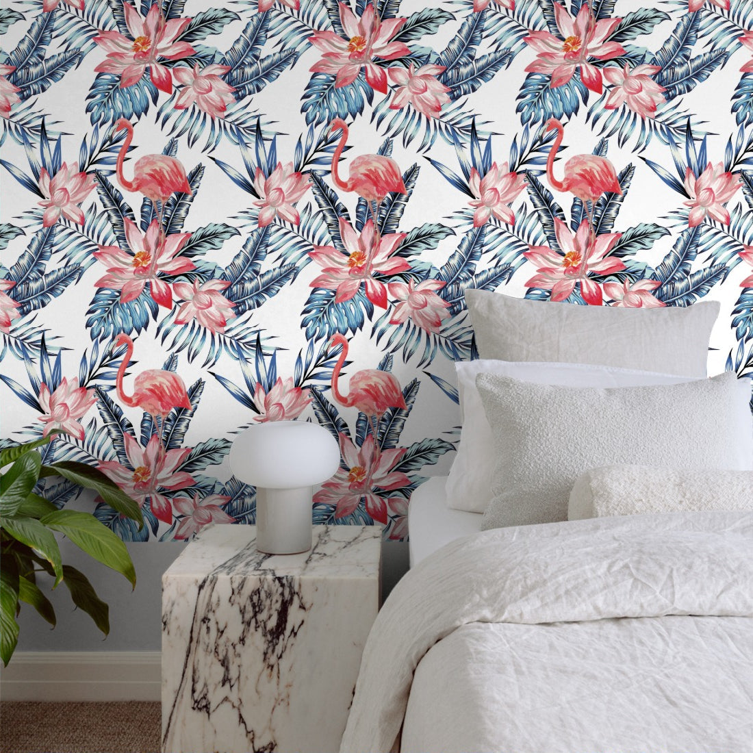 watercolor flamingo and blue palm leaves wallpaper in a bedroom - Pickawall