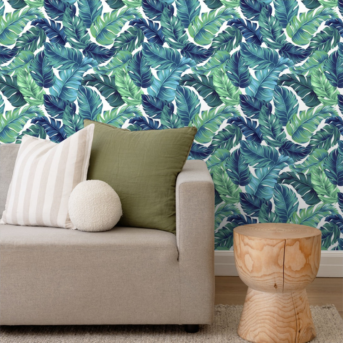 Turquoise Green Leaves Pattern wallpaper in a living room - Pickawall