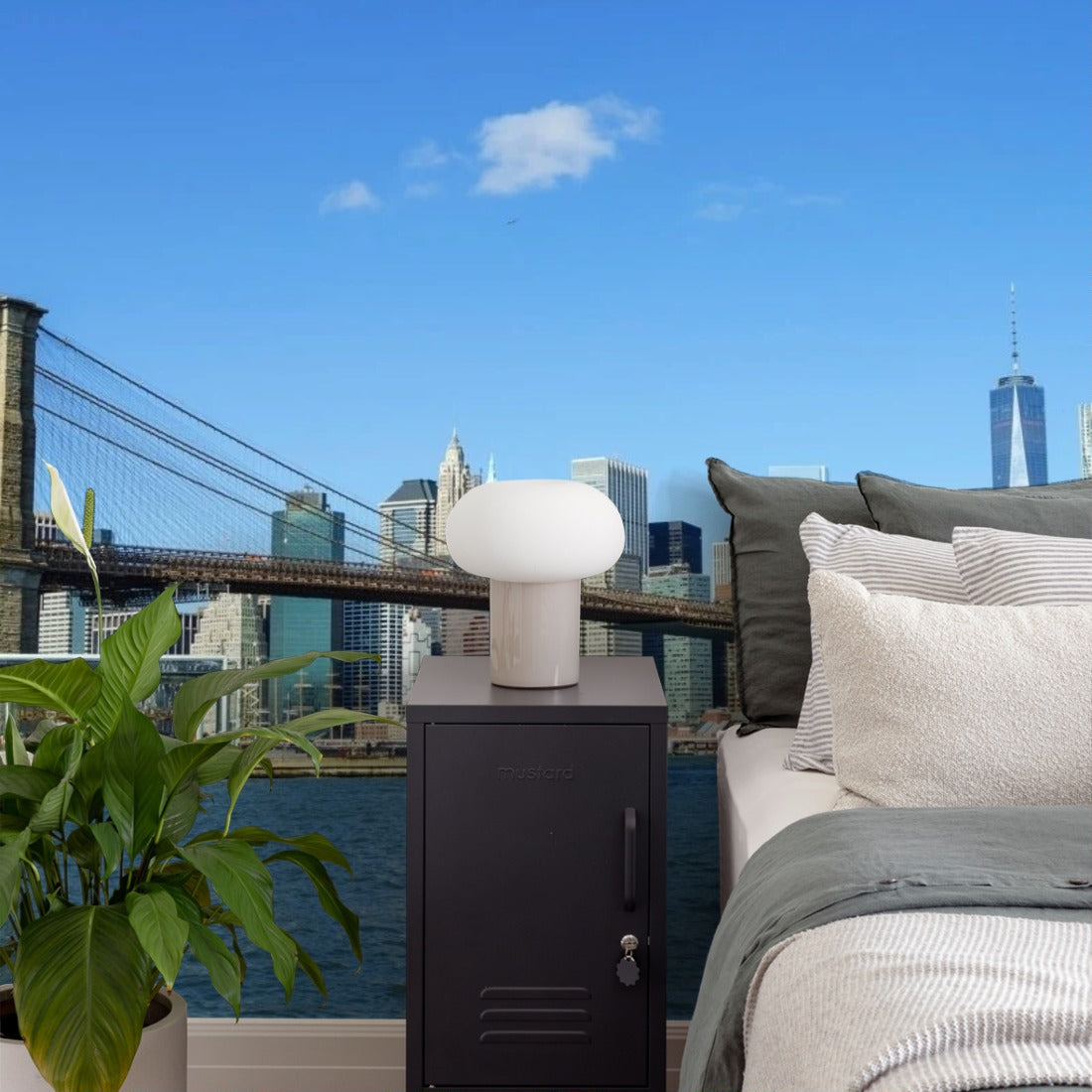 Brooklyn Bridge and Lower Manhattan skyscrapers wallpaper in a bedroom - Pickawall