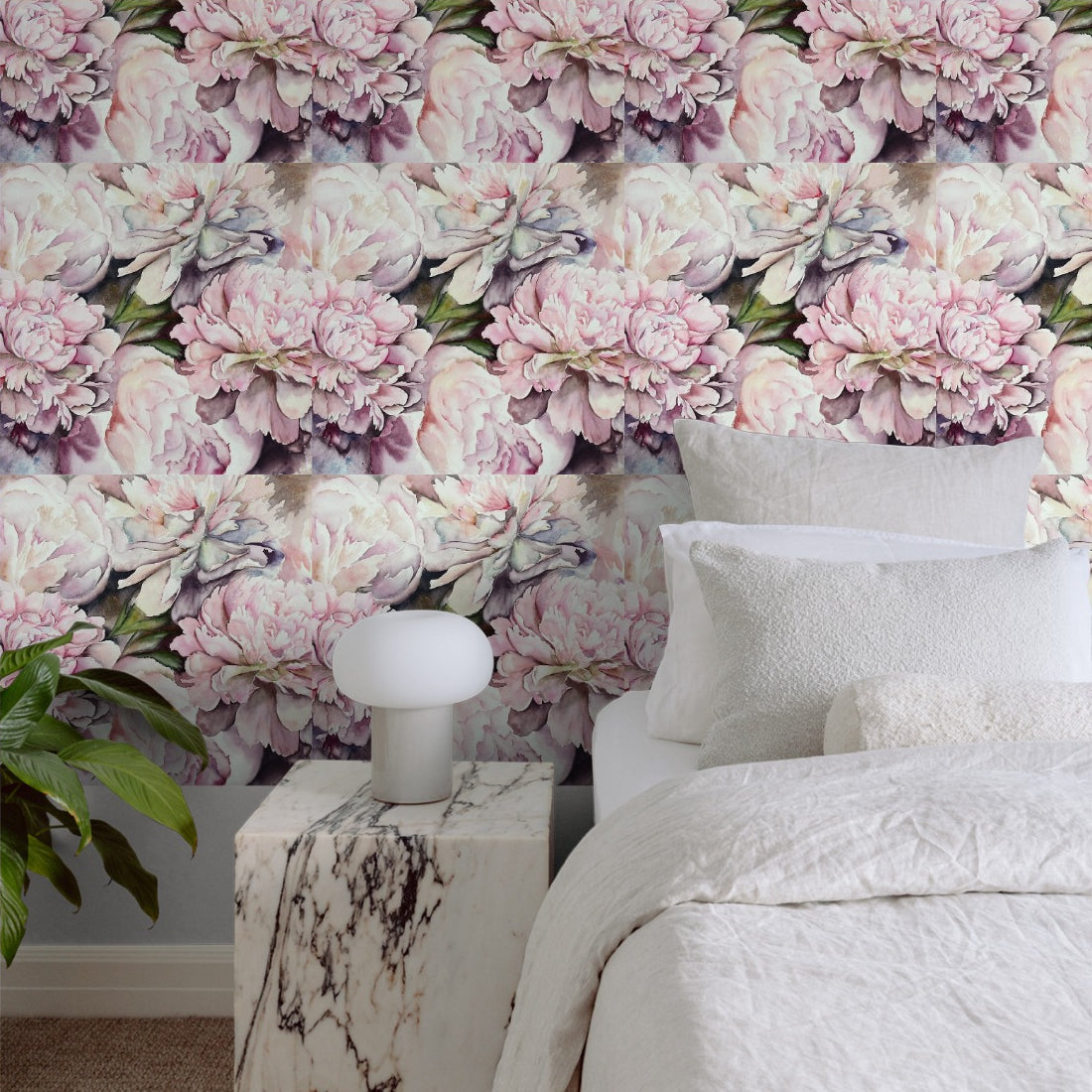 Watercolour Pink Peonies wallpaper in a bedroom - Pickawall