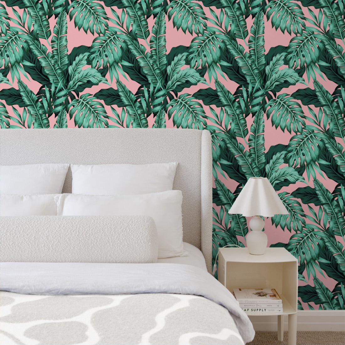 Tropical leaves with pink background wallpaper in a bedroom - Pickawall