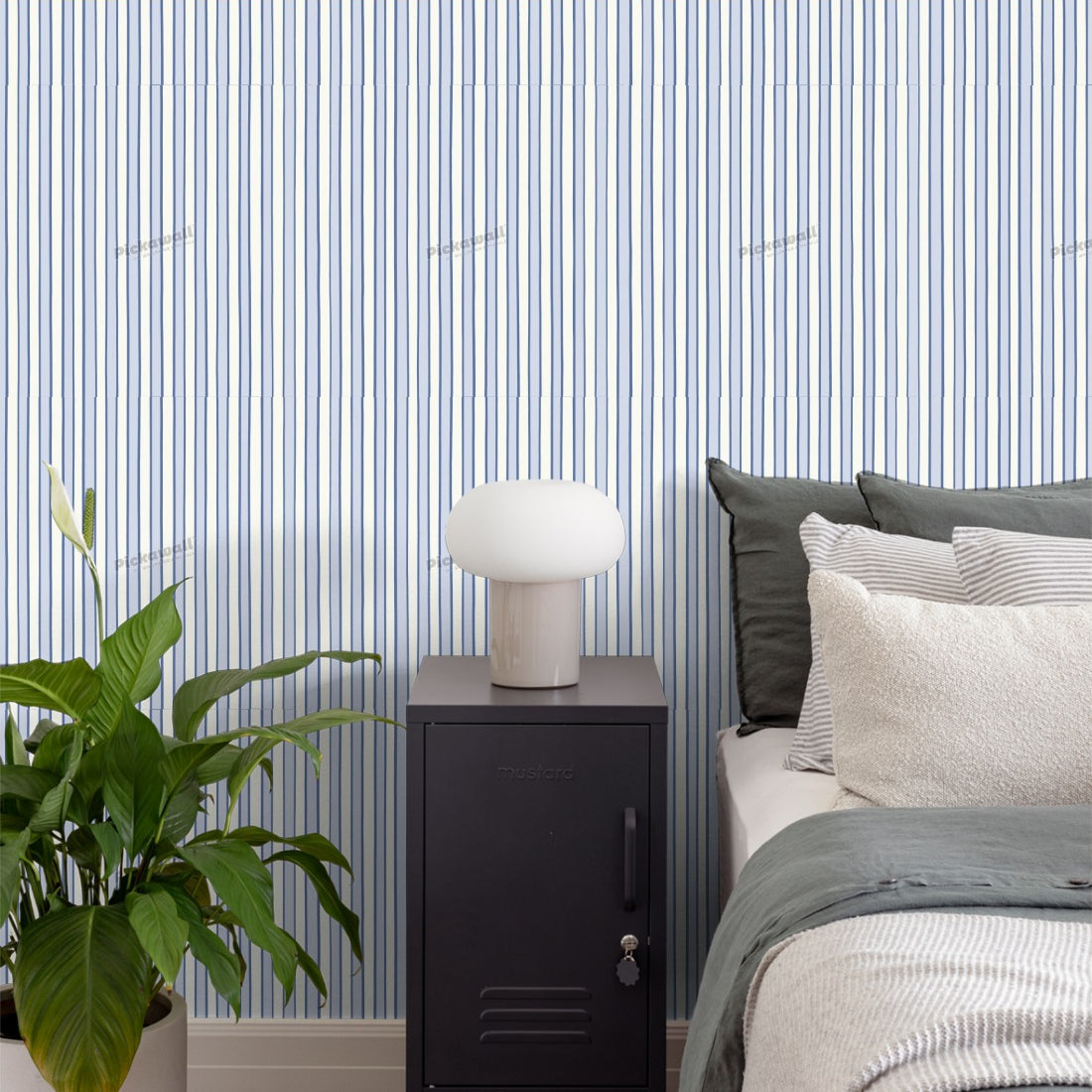 Celia Love Cream Dark Blue Ice Blue Stripe wallpaper in a bedroom - Pickawall