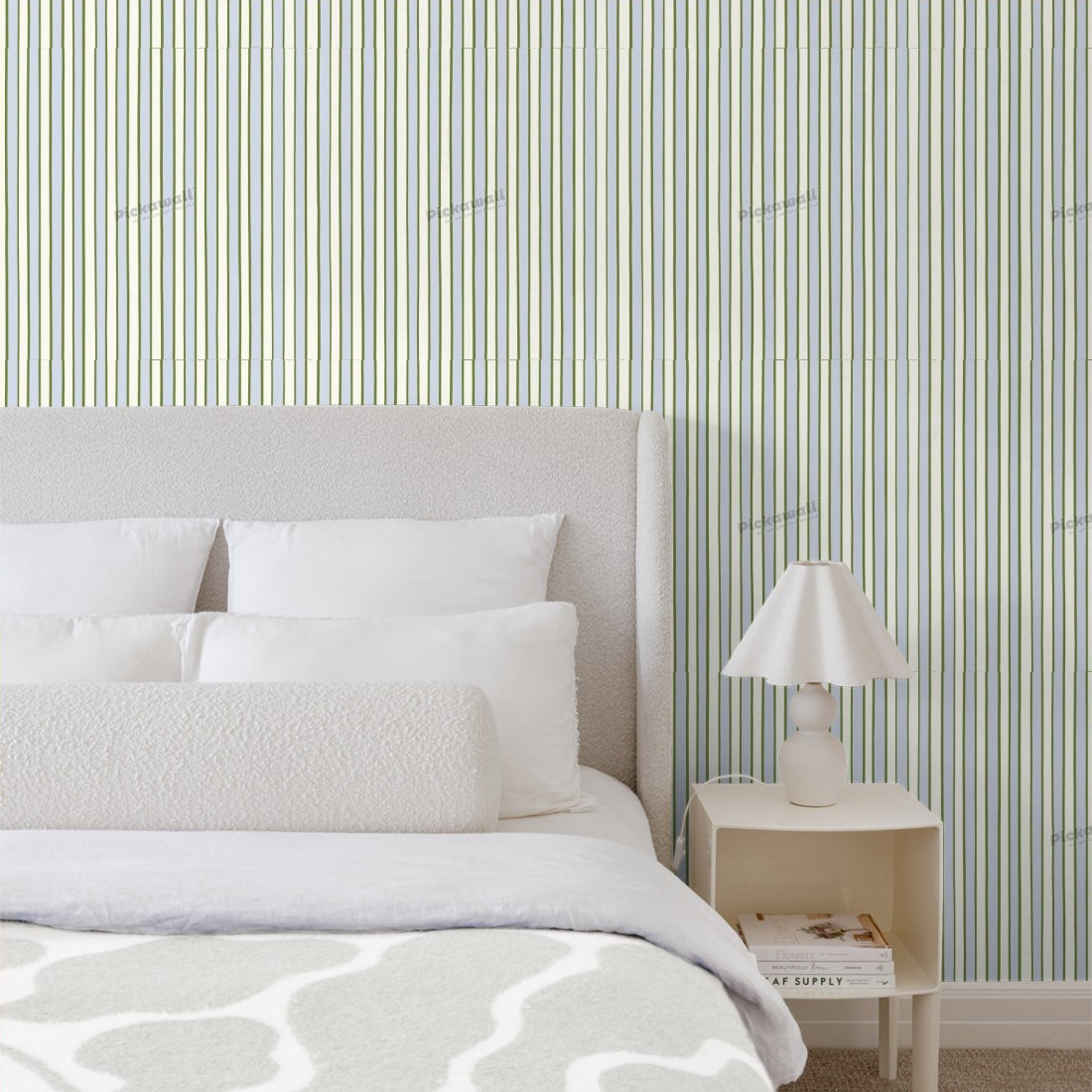 Celia Love Cream Woodsy Ice Blue Stripe wallpaper in a bedroom - Pickawall