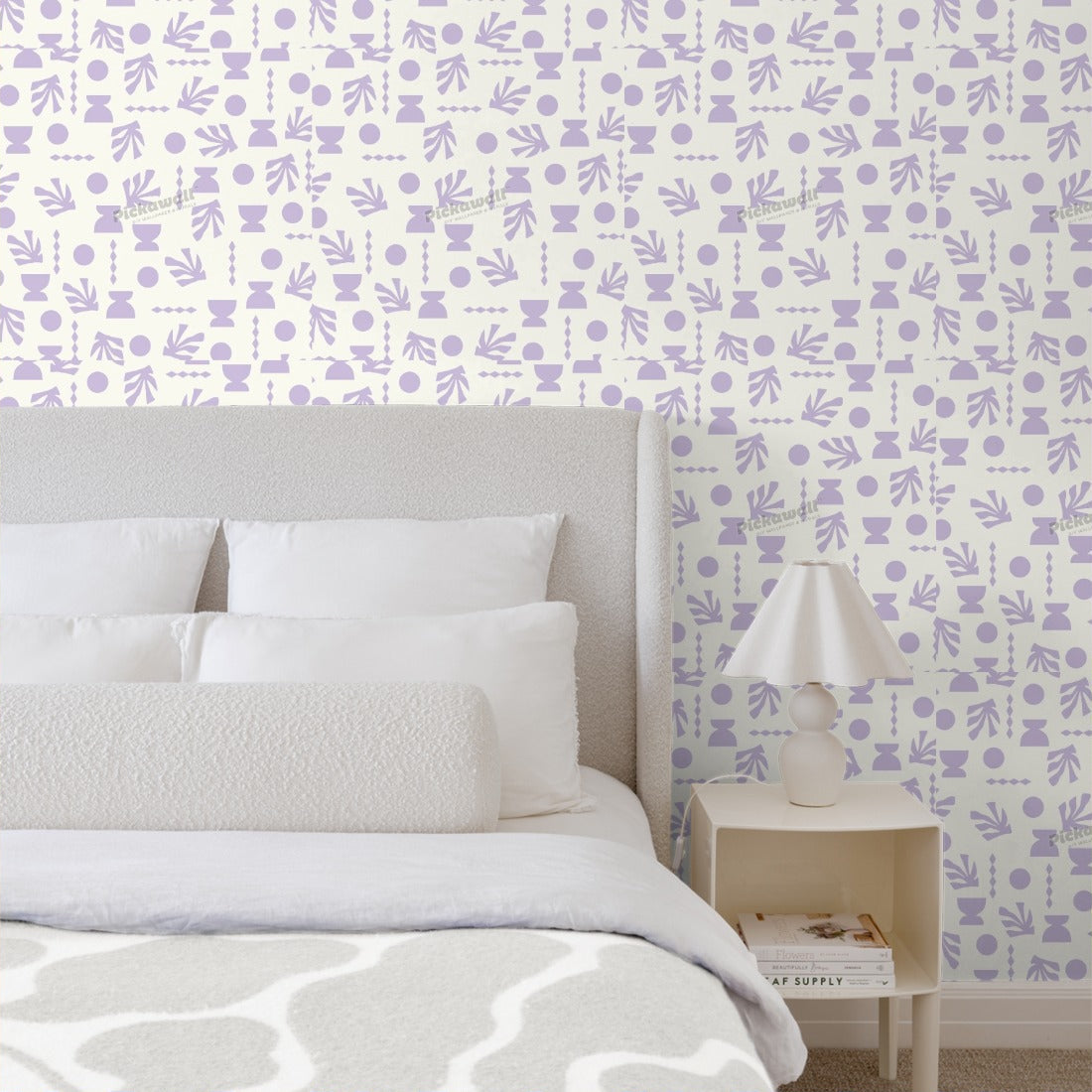 Celia Loves Shapes Cream Lilac Wallpaper wallpaper in a bedroom - Pickawall