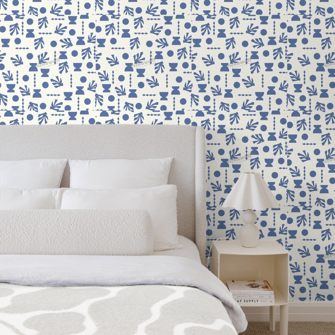Celia Loves Shapes Cream Dark Blue Wallpaper wallpaper in a bedroom - Pickawall