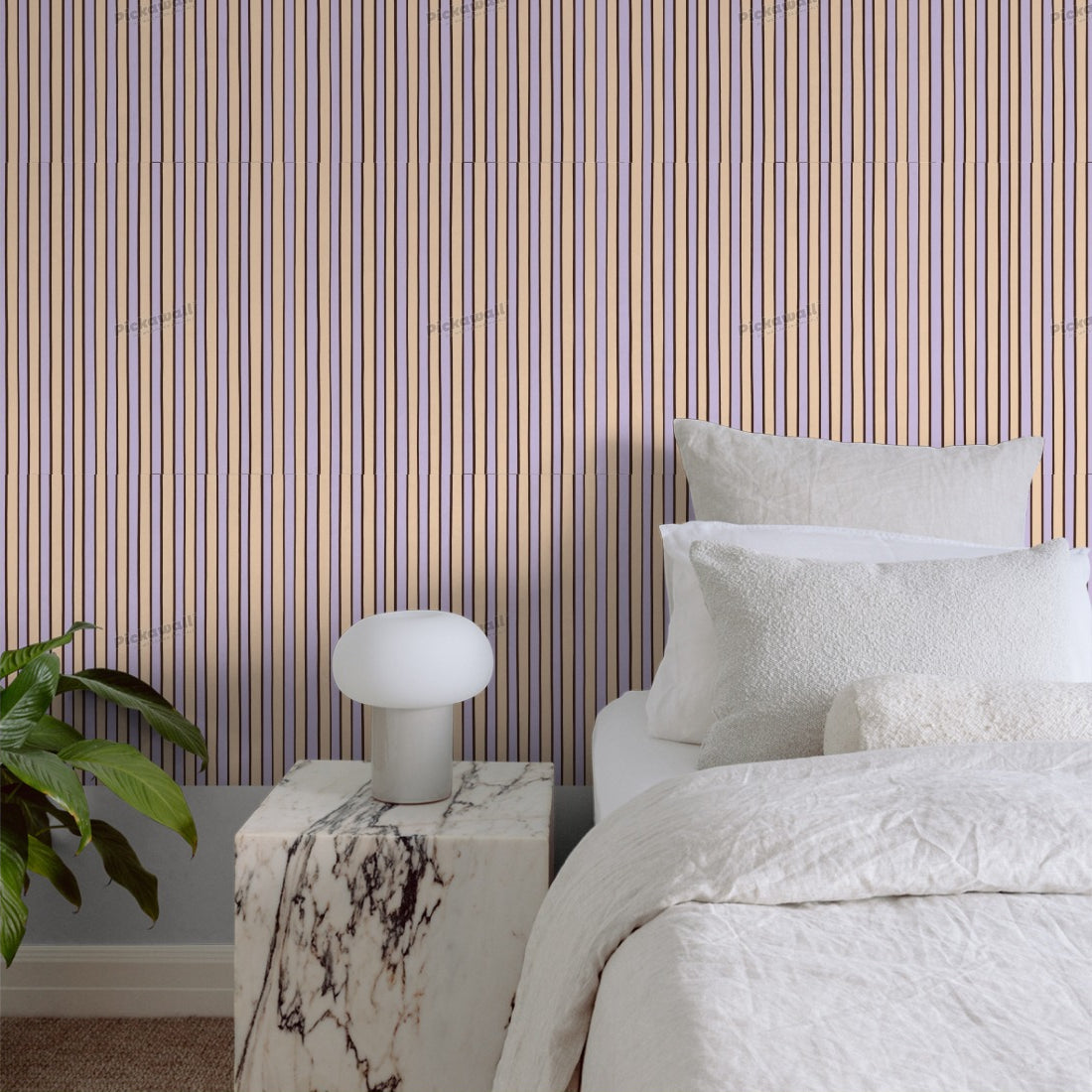Celia Love Lilac Shiraz Peach Stripe wallpaper in a bedroom - Pickawall