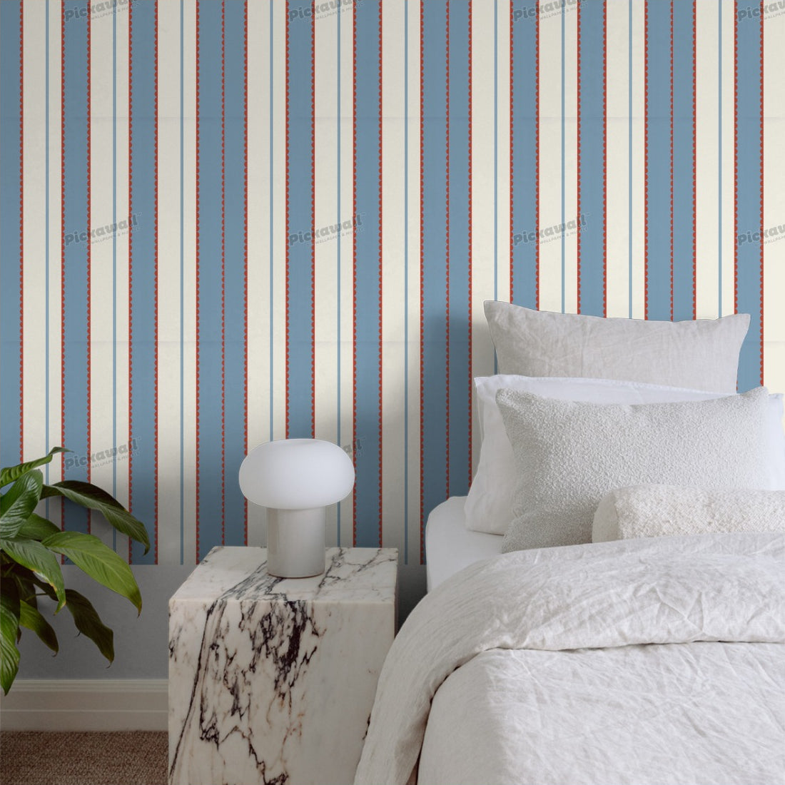 Red Blue Scallop Stripes wallpaper in a bedroom - Pickawall