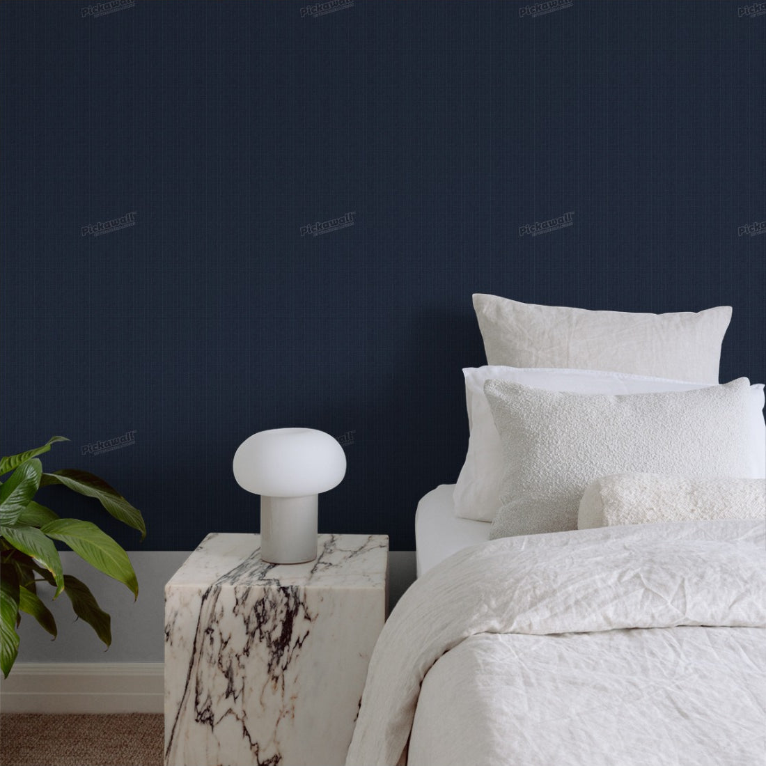 Navy Linen Pinstripe wallpaper in a bedroom - Pickawall
