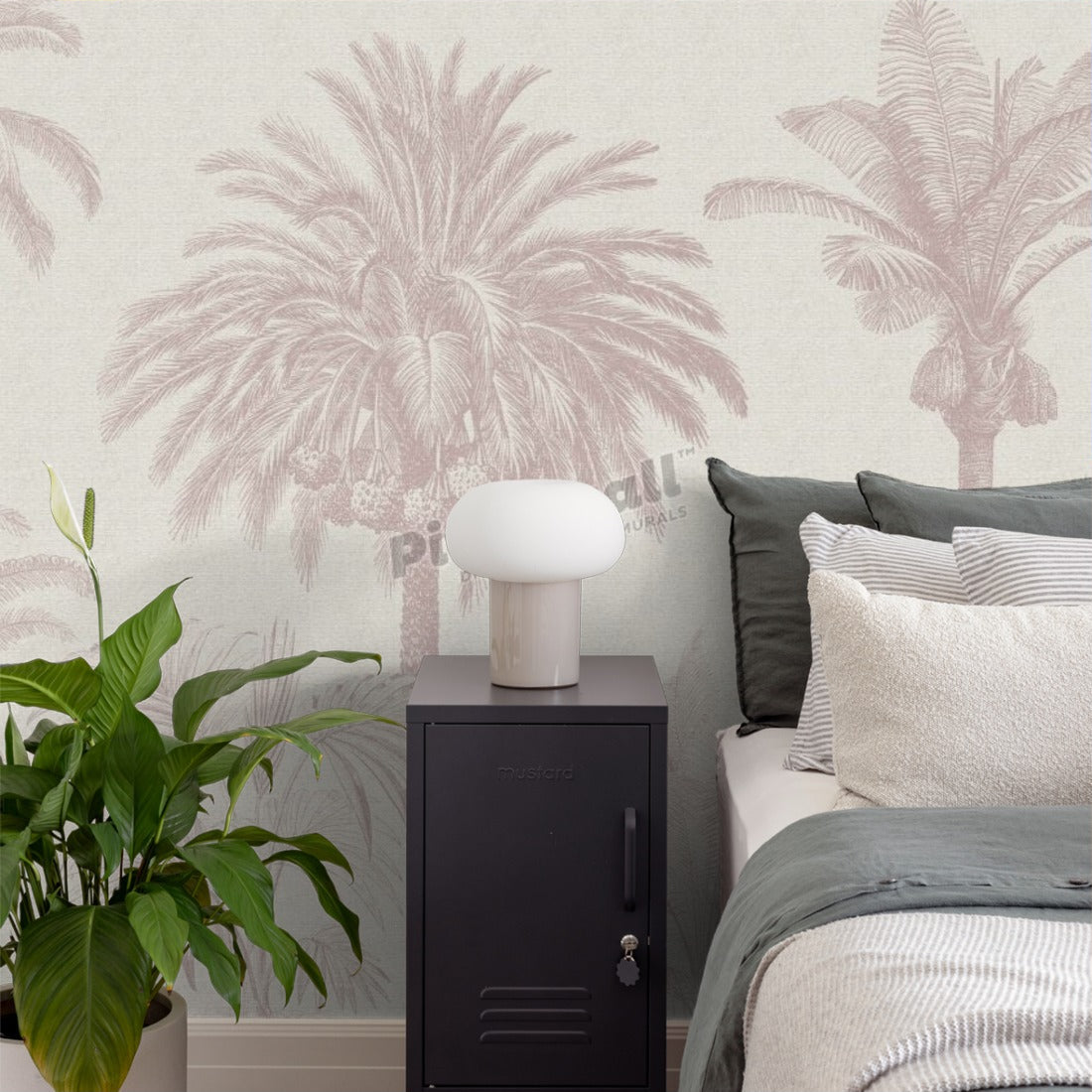 Pink Linen Palms wallpaper in a bedroom - Pickawall