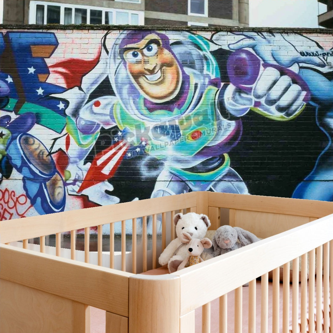 Buzz Lightyear graffiti wallpaper in a nursery - Pickawall