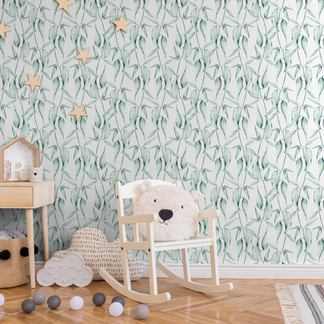 Watercolour Gum Leaves wallpaper in a nursery - Pickawall