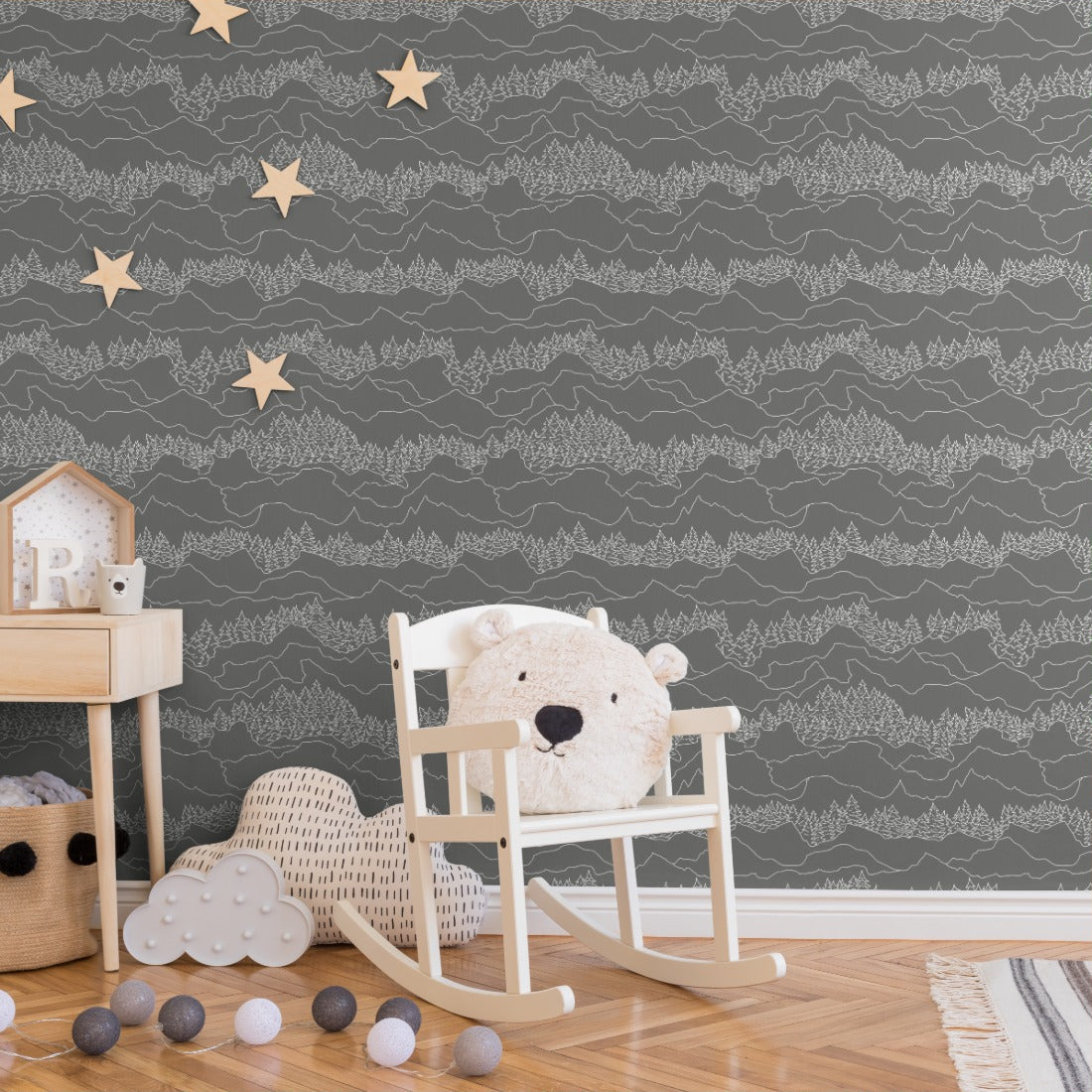 Grey Mountains and Trees wallpaper in a nursery - Pickawall