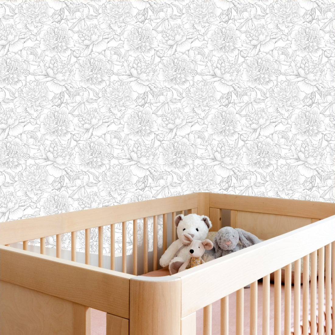 black and white peonies - house rules wallpaper in a nursery - Pickawall