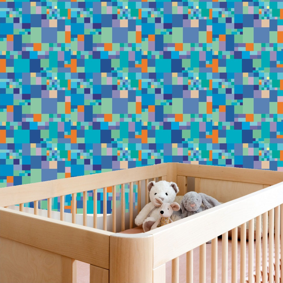 Multi-coloured squares Geometric Pattern wallpaper in a nursery - Pickawall