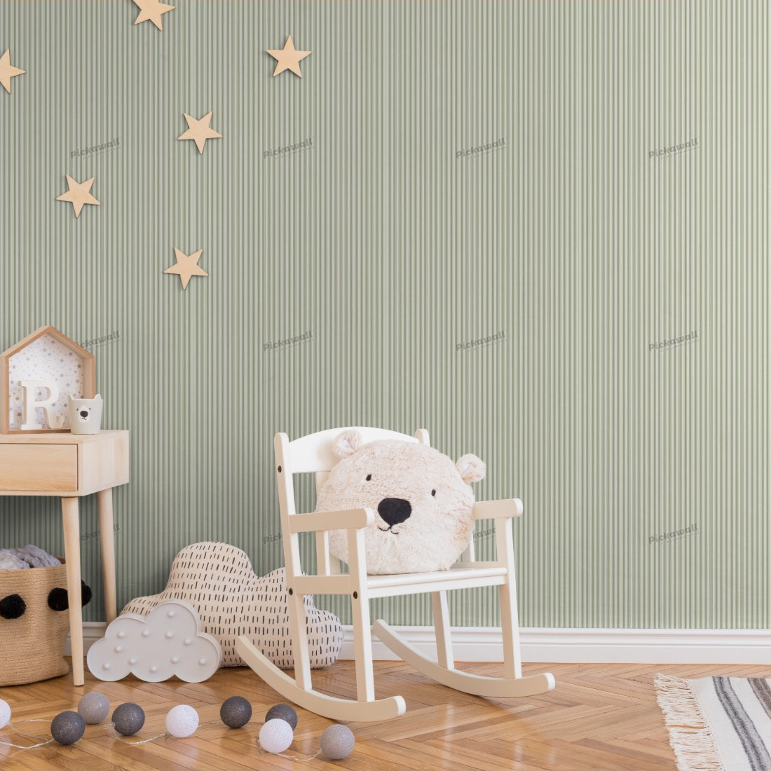 Vintage Stripes Sage Green wallpaper in a nursery - Pickawall
