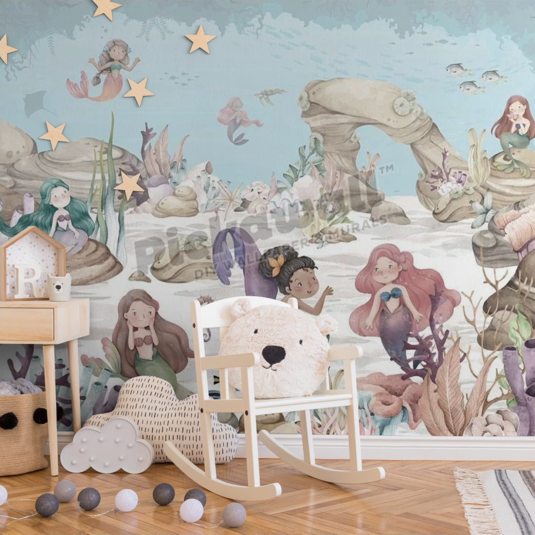 Mermaid Miracle by Kikki Belle wallpaper in a nursery - Pickawall