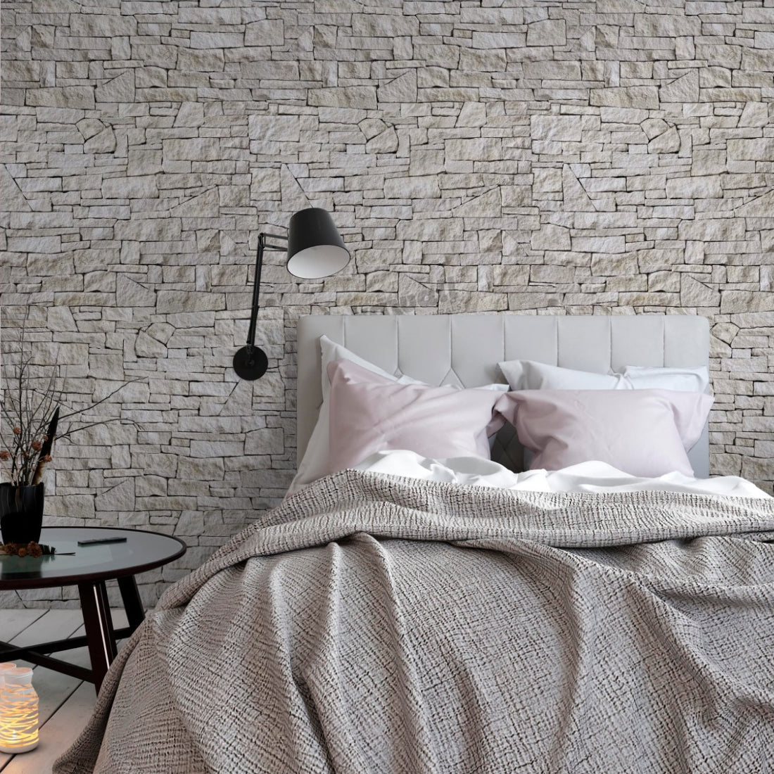 Stacked Limestone Wall wallpaper in a bedroom - Pickawall