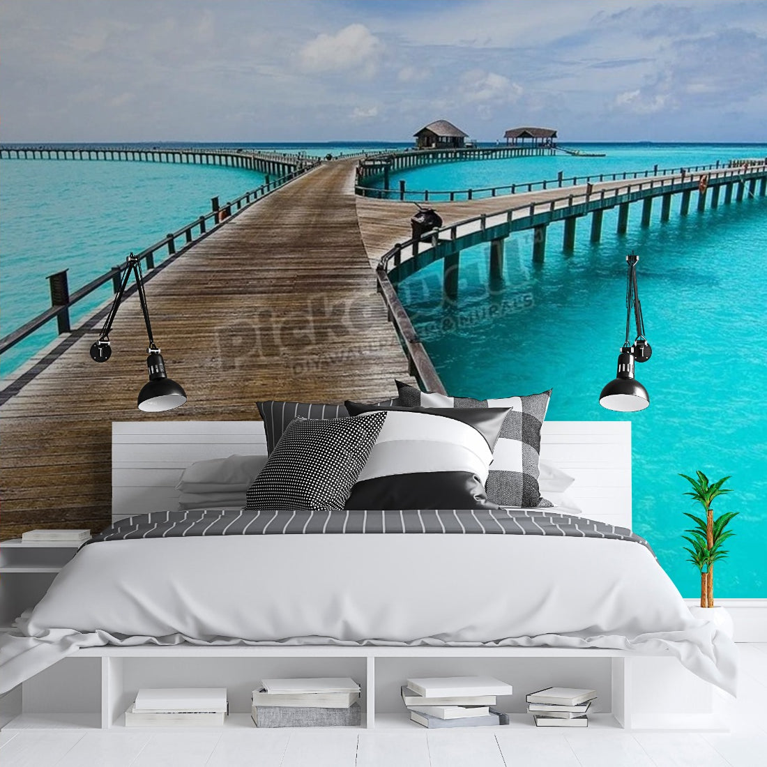 Wooden jetty wallpaper in a bedroom - Pickawall
