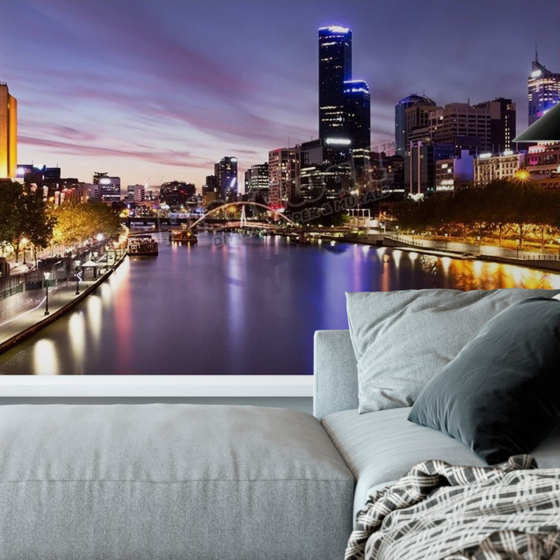 Yarra illuminated Melbourne wallpaper in a living room - Pickawall
