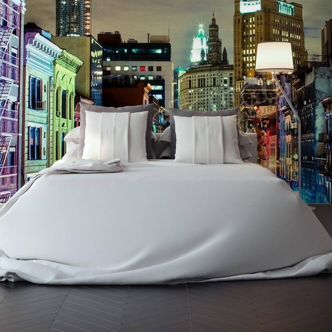 Urban rainbow, East Broadway at night wallpaper in a bedroom - Pickawall