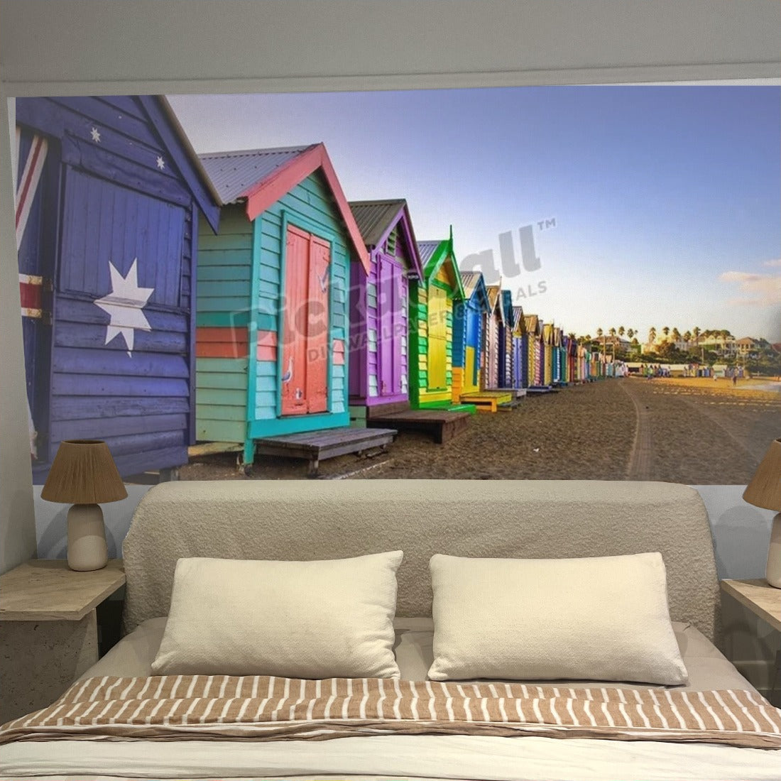 Beach Huts wallpaper in a bedroom - Pickawall