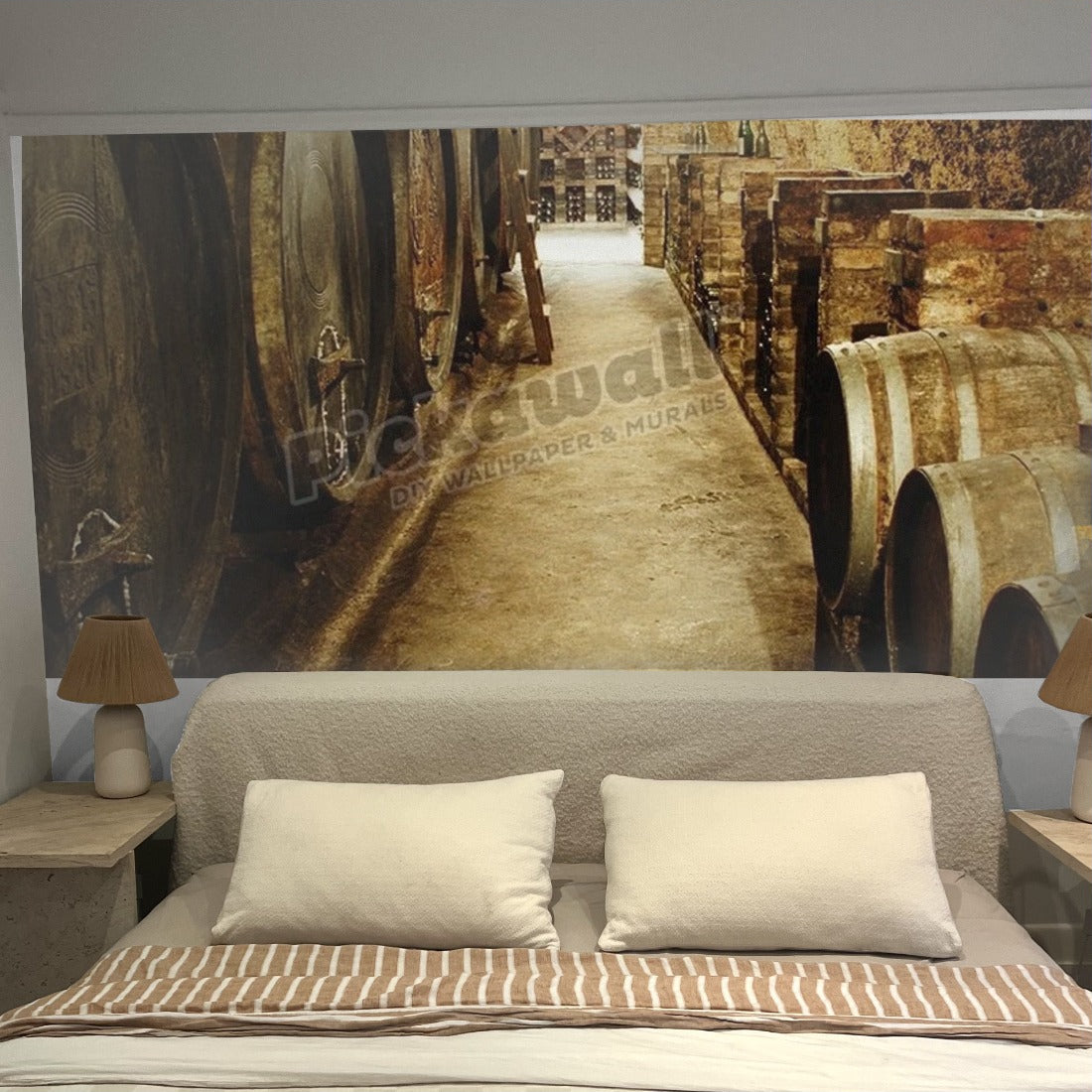 Austria, Vienna, barrels in winery corridor wallpaper in a bedroom - Pickawall