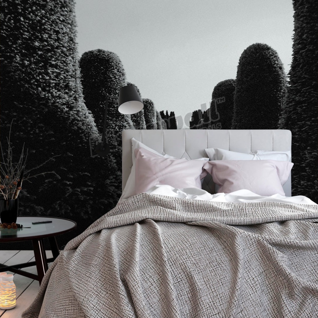 Rows of topiary hedges, b&w wallpaper in a bedroom - Pickawall