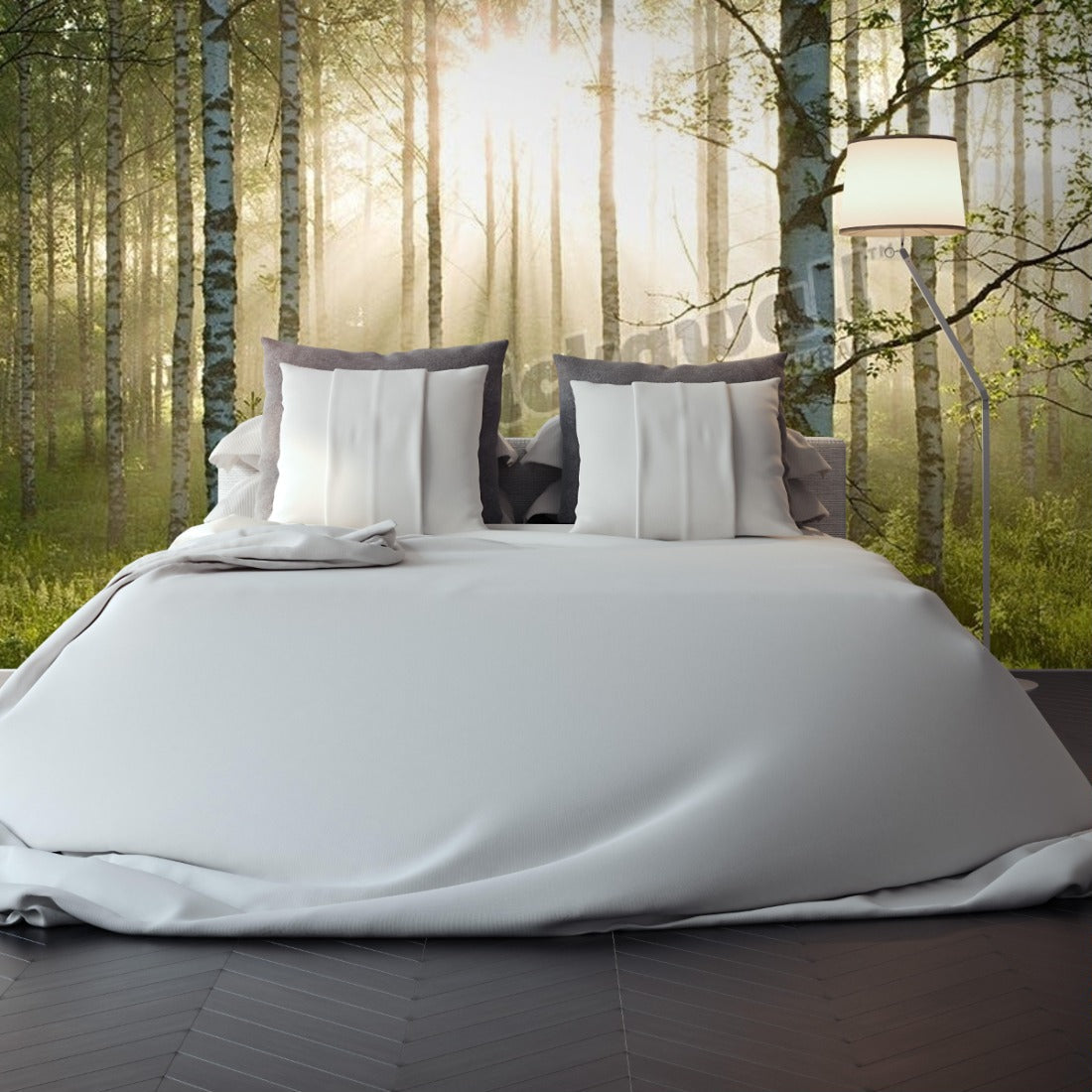 Sunlight in forest of birch trees wallpaper in a bedroom - Pickawall