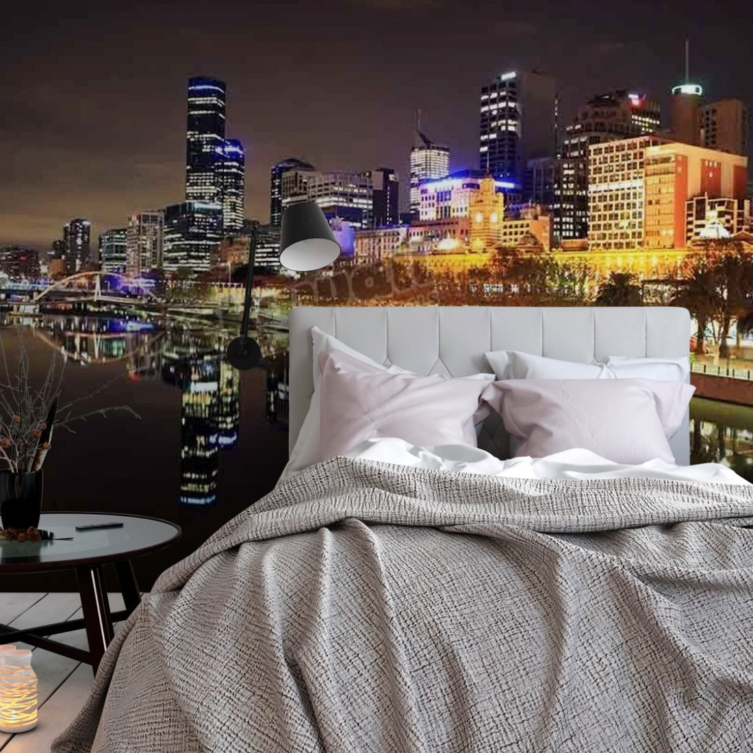 The Melbourne Skyline at night wallpaper in a bedroom - Pickawall