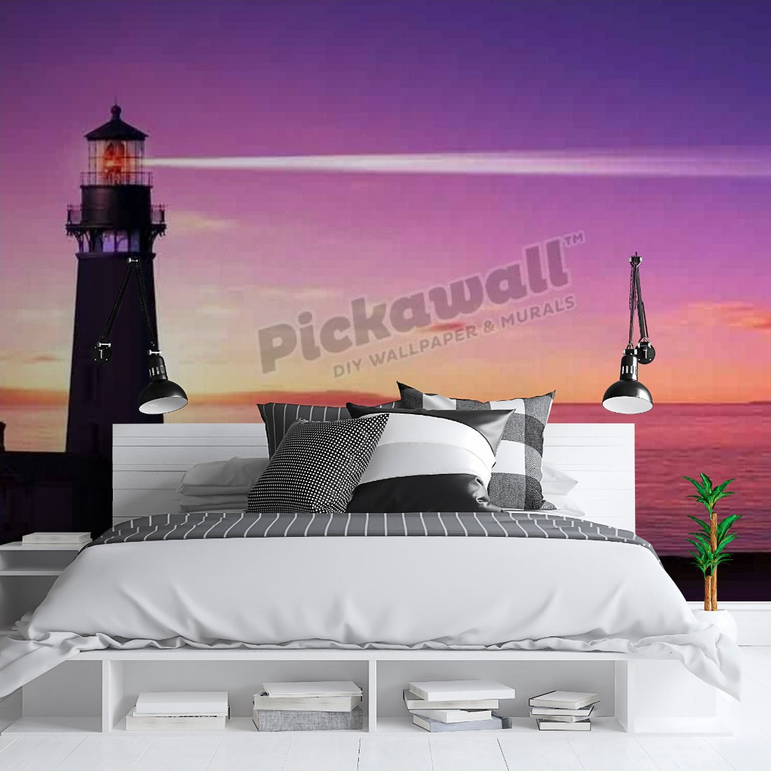 Lighthouse searchlight beam through marine air at night wallpaper in a bedroom - Pickawall