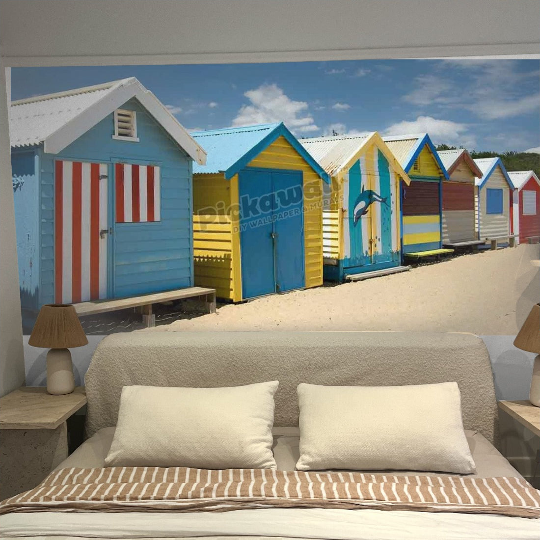 Beach Huts on Brighton Beach wallpaper in a bedroom - Pickawall
