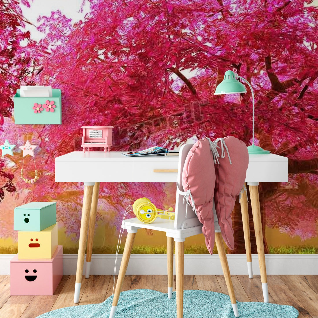 Kids girls - Cherry Blossoms wallpaper in a kids study nook - Pickawall