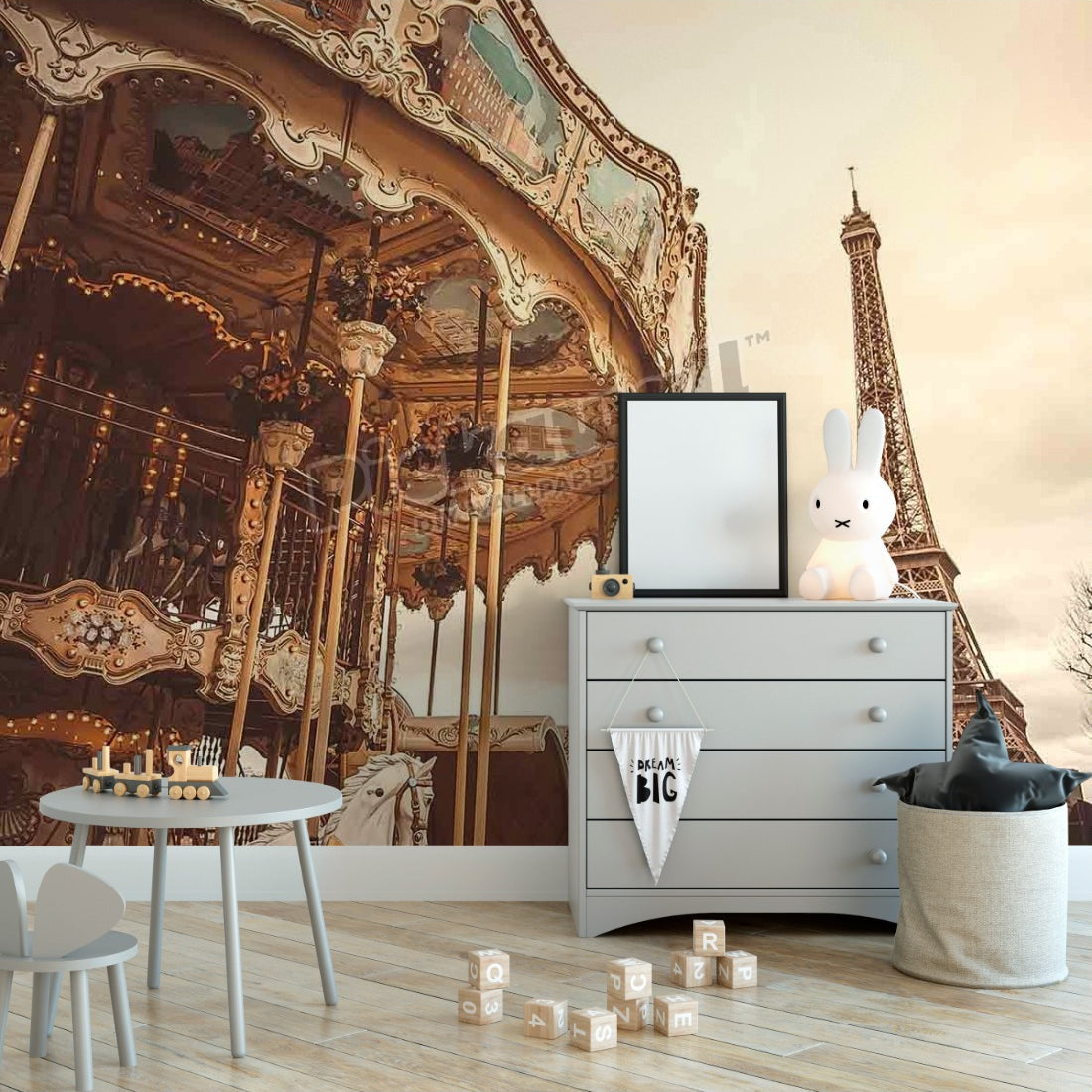 Vintage carousel in Paris wallpaper in a nursery - Pickawall