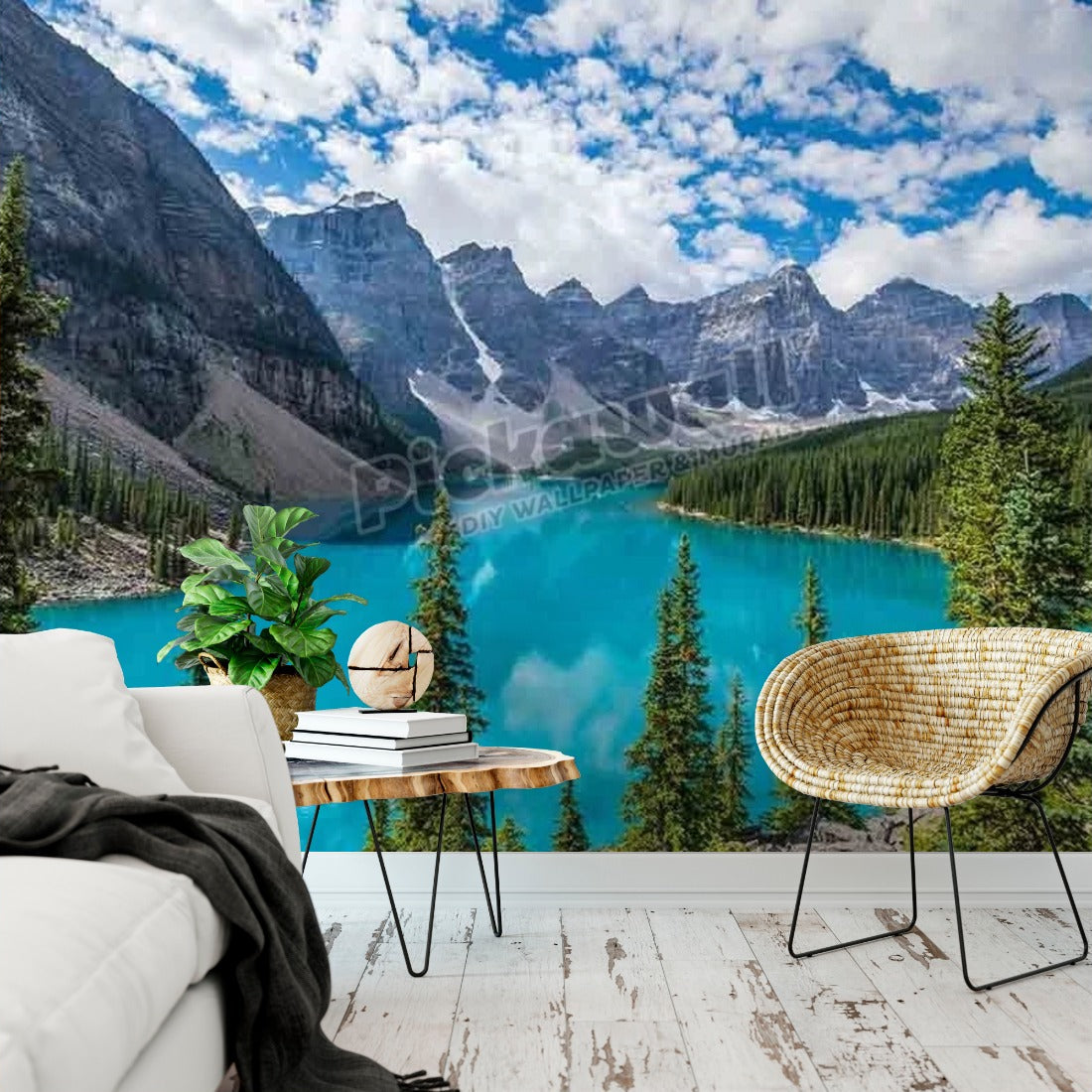 Moraine Lake wallpaper in a living room - Pickawall
