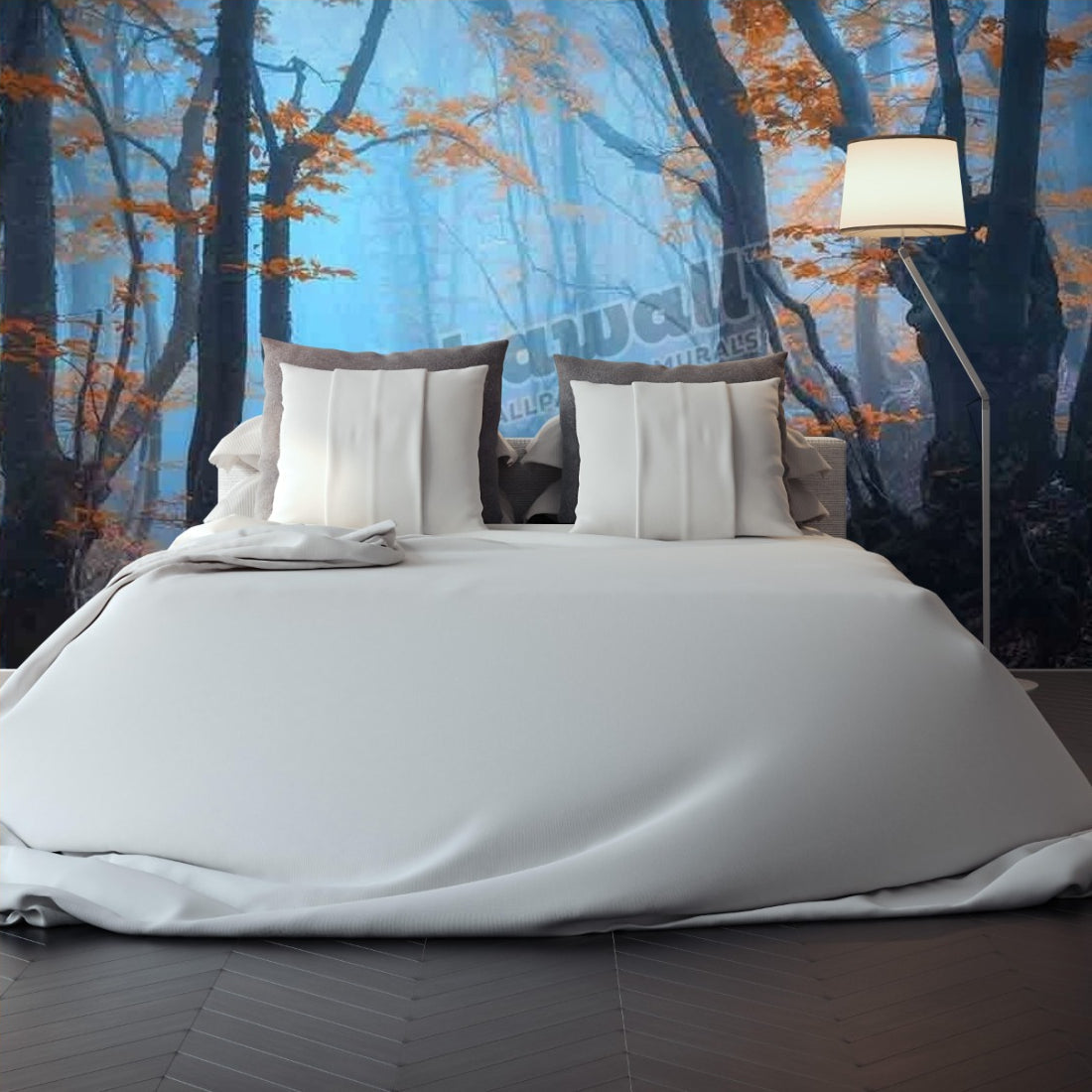 Mysterious dark old forest in fog wallpaper in a bedroom - Pickawall