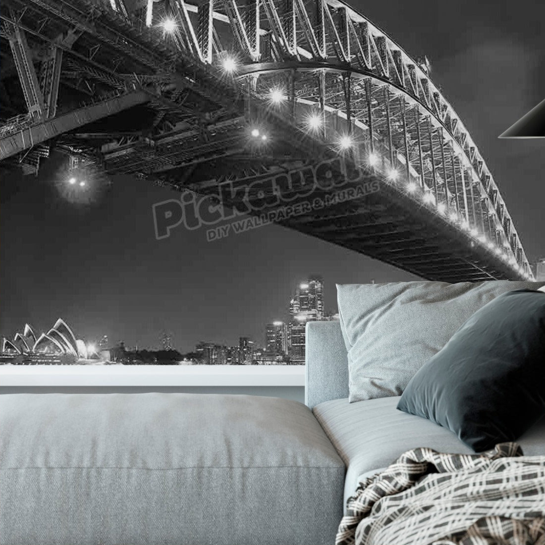 Sydney Skyline and Harbor Bridge at night wallpaper in a living room - Pickawall
