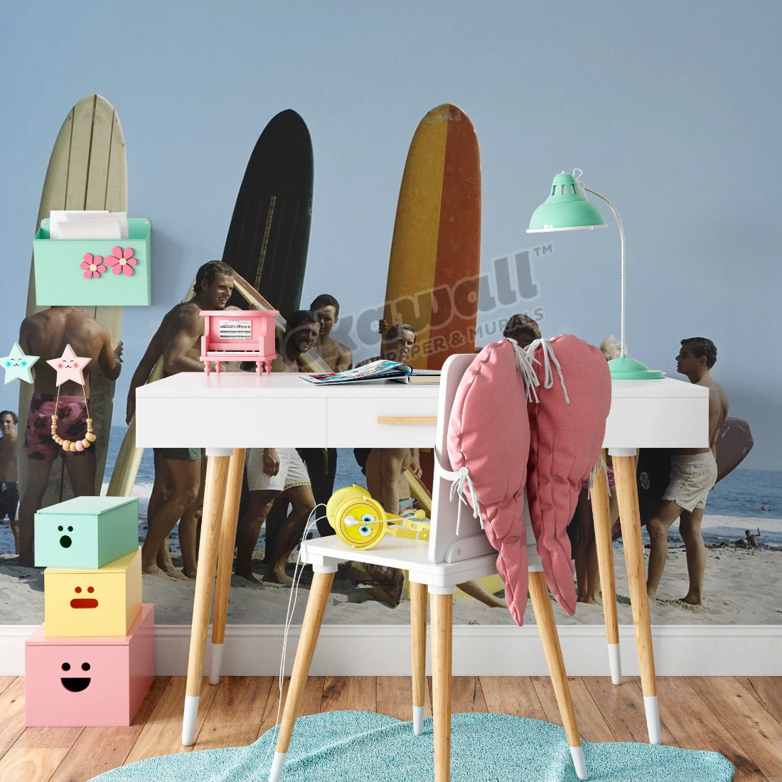 People on beach with surf board wallpaper in a kids study nook - Pickawall