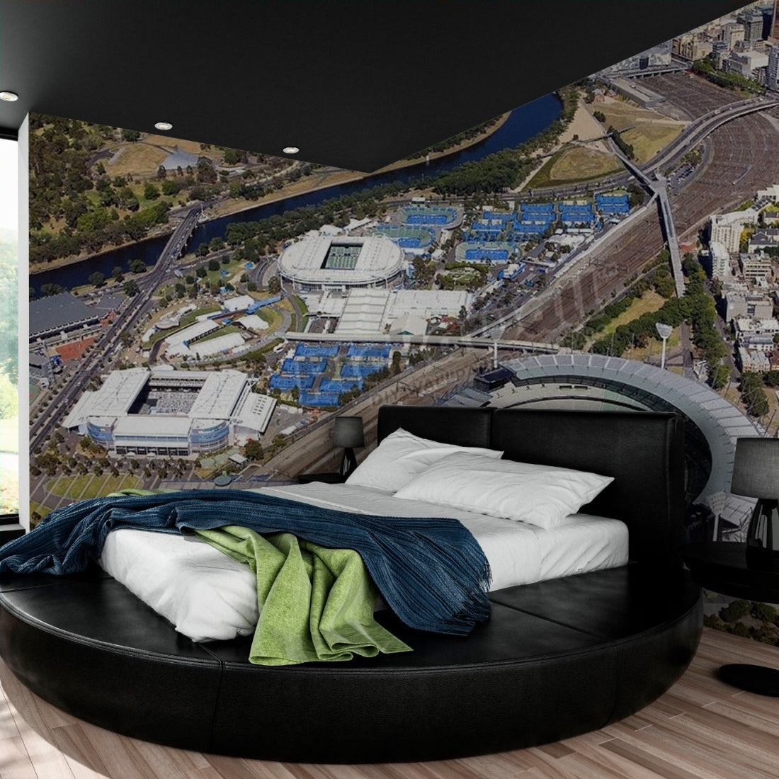 Aerial view of MCG and Rod Laver Arena wallpaper in a bedroom - Pickawall