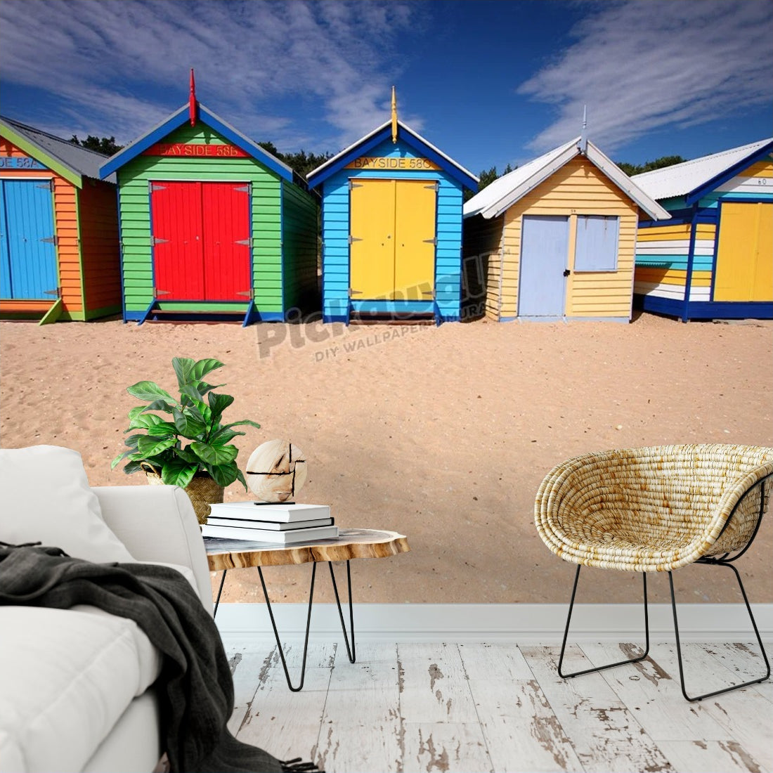 Melbourne beach huts in Australia wallpaper in a living room - Pickawall