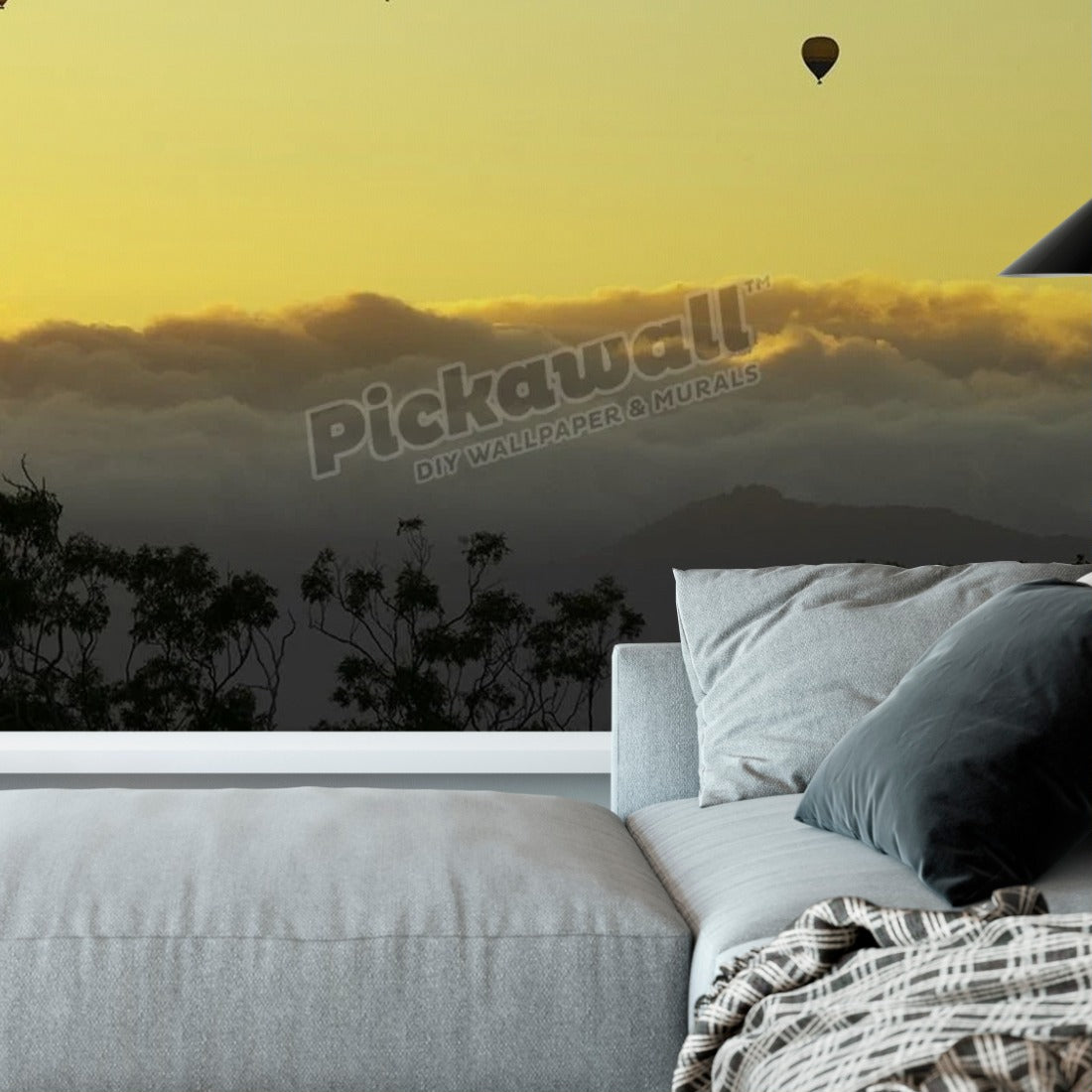 Three hot air balloons flying over rainforest. wallpaper in a living room - Pickawall