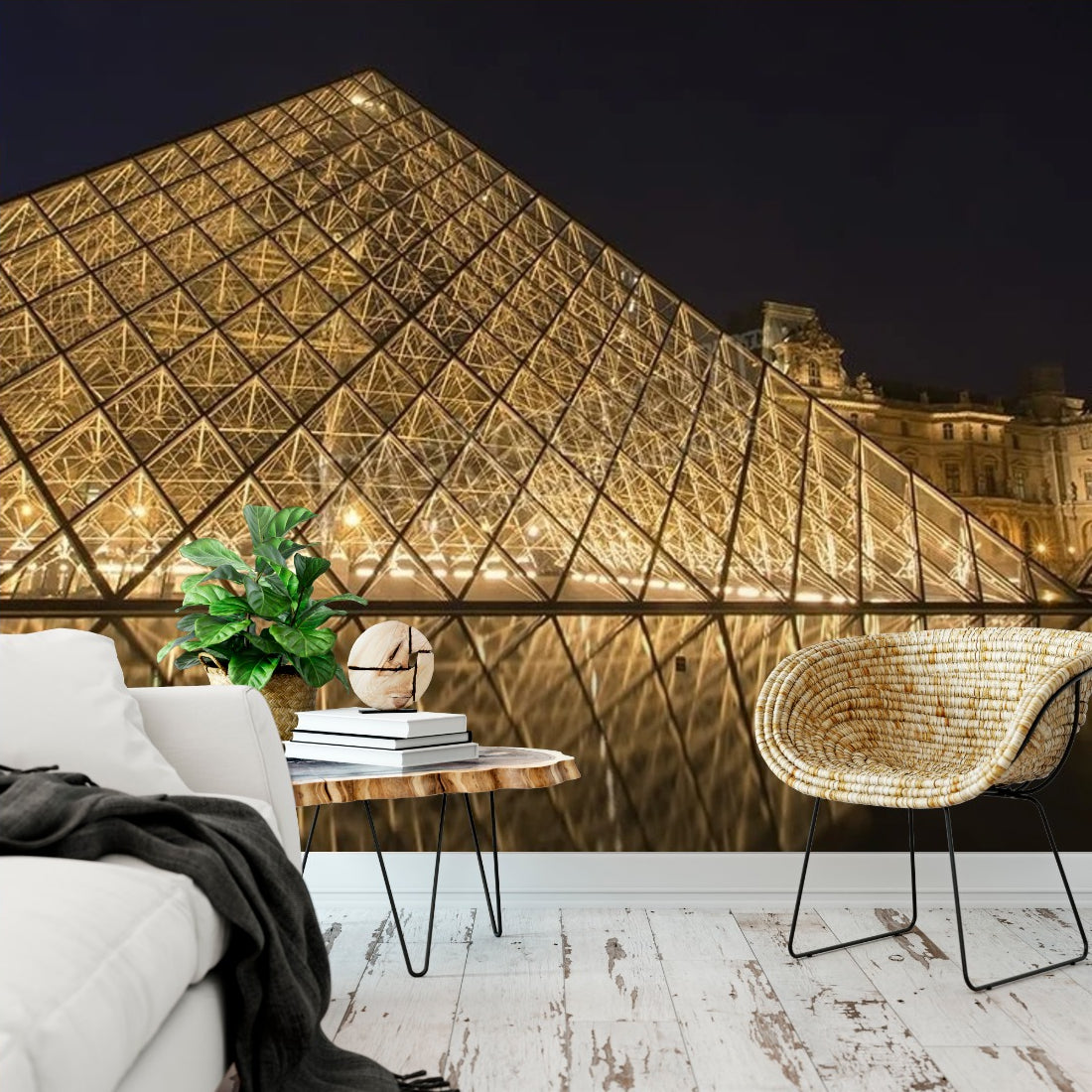 The Louvre- Night time wallpaper in a living room - Pickawall