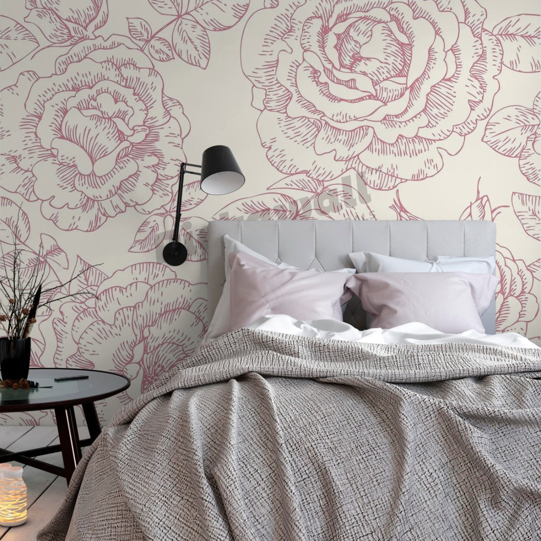 Pink roses pattern wallpaper in a bedroom - Pickawall